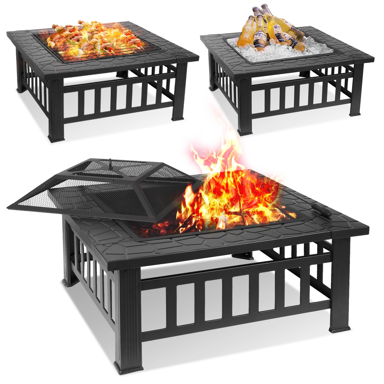 TLSUNNY 32'' Metal Fire Pits for Outside, Square Wood Burning Firepit Table, for Outdoor Patio Backyard Bonfire Party