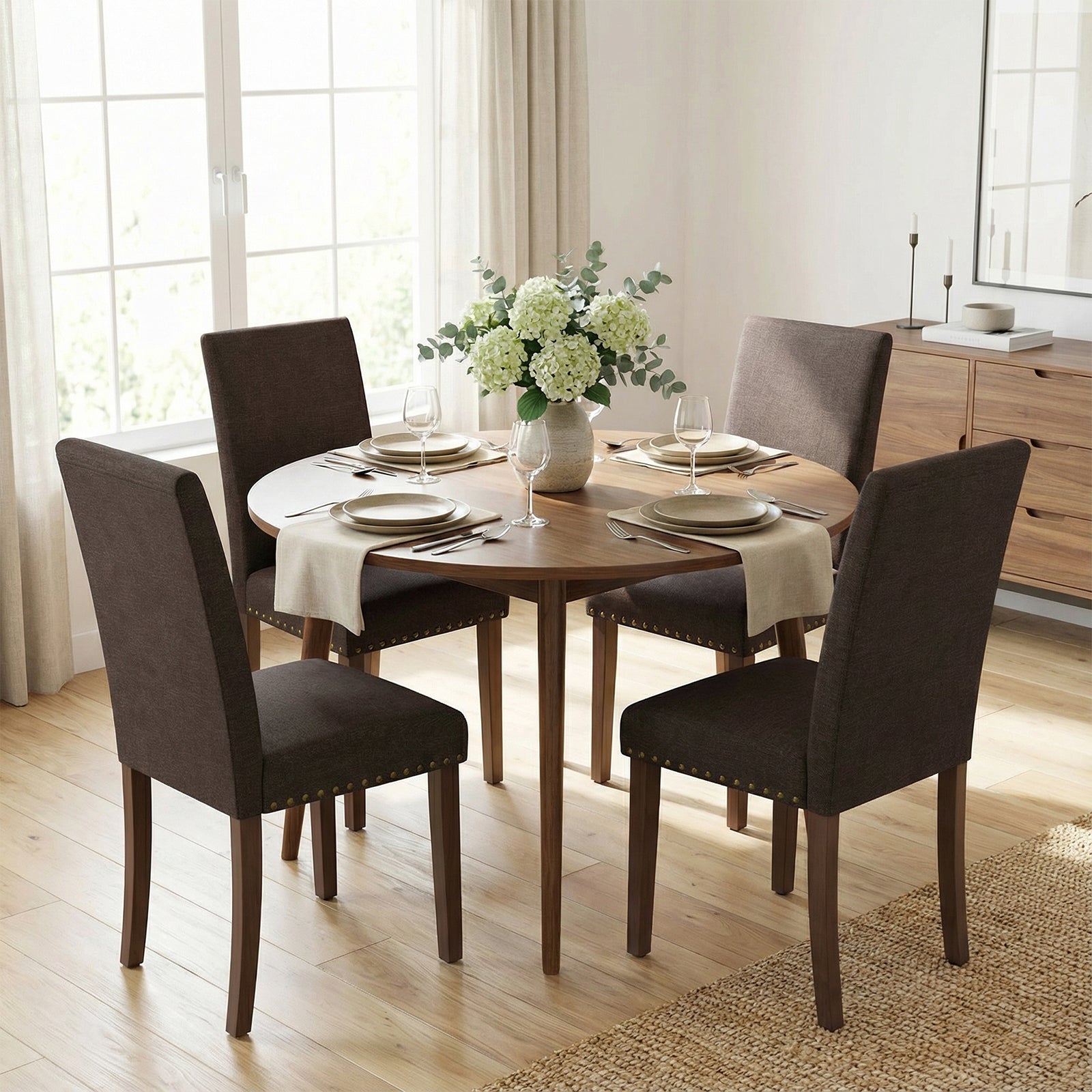 TLSUNNY Upholstered Dining Chairs Set of 2/4, Tufted Parsons Design with Nail Head Trim, Solid Wood Legs and Padded Seat, Comfortable Fabric for Dining Room, Kitchen