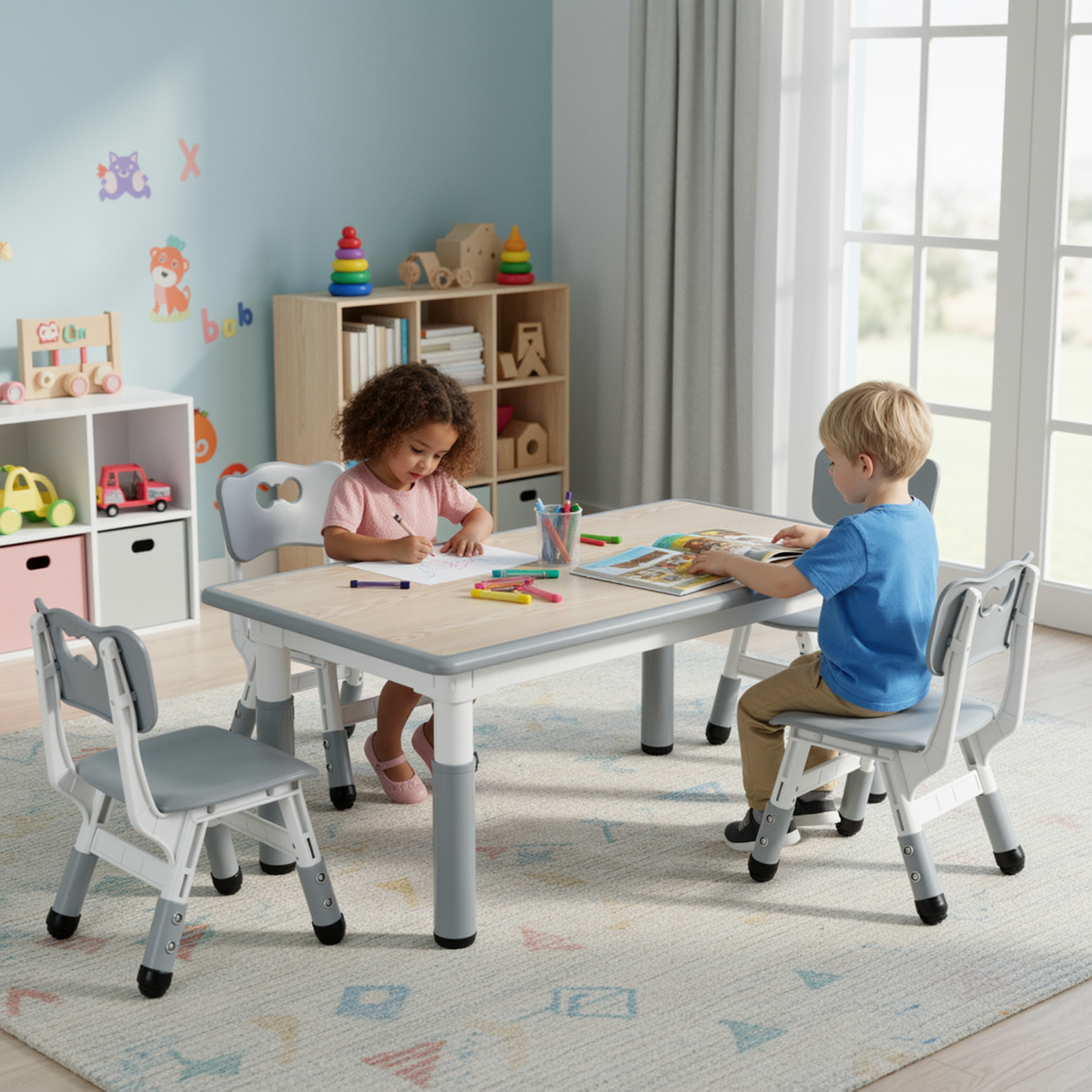TLSUNNY Kids Table and 4 Chairs, Adjustable Height Childrens Activity Set with Graffiti Desktop & Anti-Slip Legs, for Daycare Classroom Home