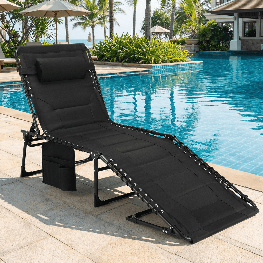 TLSUNNY Outdoor Folding Lounge Chair, Portable Adjustable Back & Leg Chaise Lounges with Pillow, Side Pocket, Carrying Handle, for Patio, Office