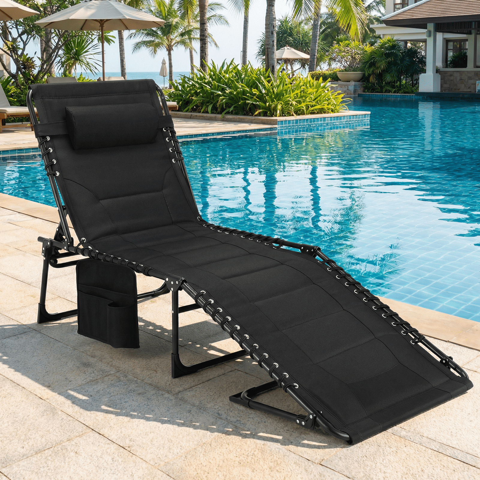 TLSUNNY Outdoor Folding Lounge Chair, Portable Adjustable Back & Leg Chaise Lounges with Pillow, Side Pocket, Carrying Handle, for Patio, Office