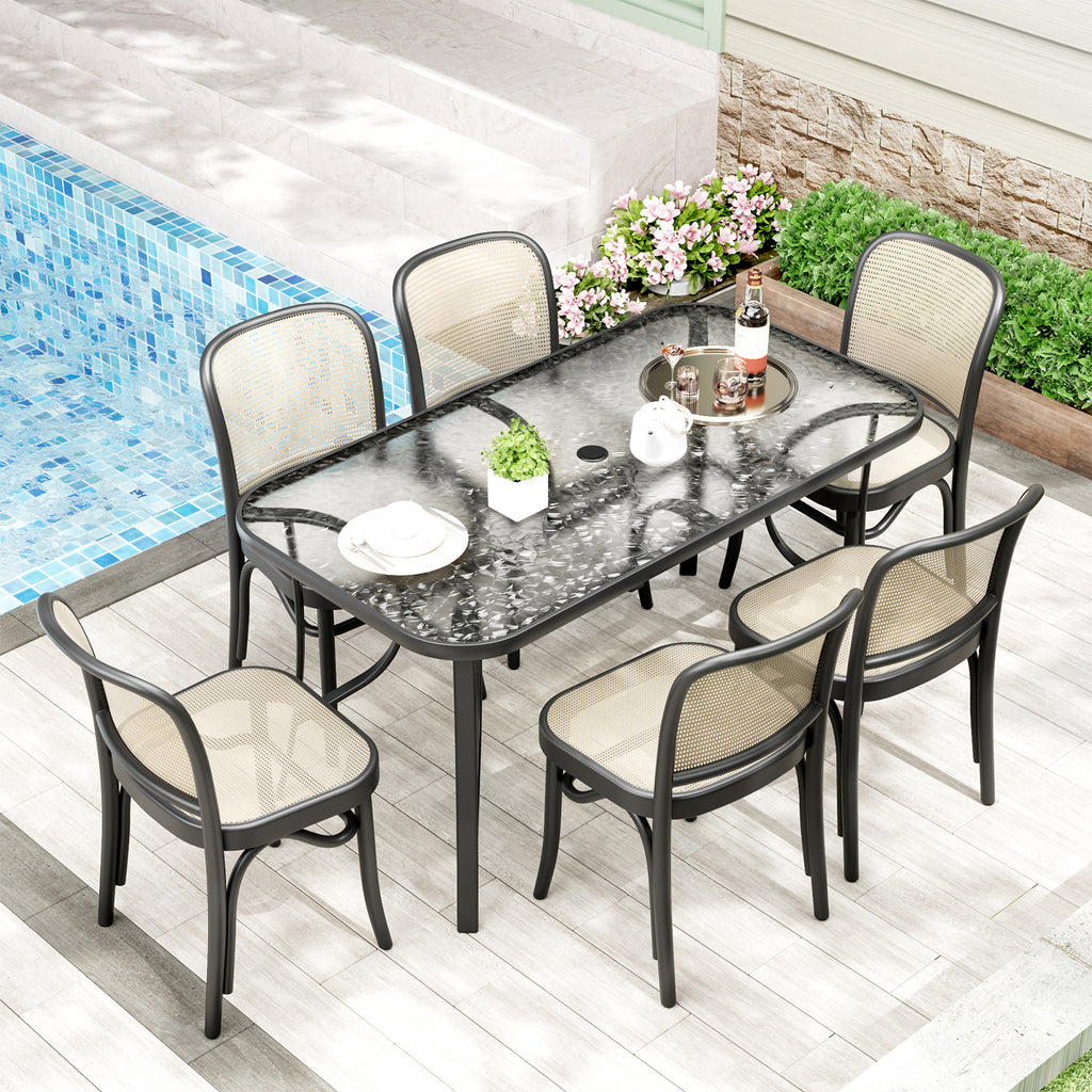 TLSUNNY Outdoor Dining Table with Umbrella Hole, Rectangular Glass Patio Table, Outdoor Metal Furniture for Outside, Garden, Balcony, Black