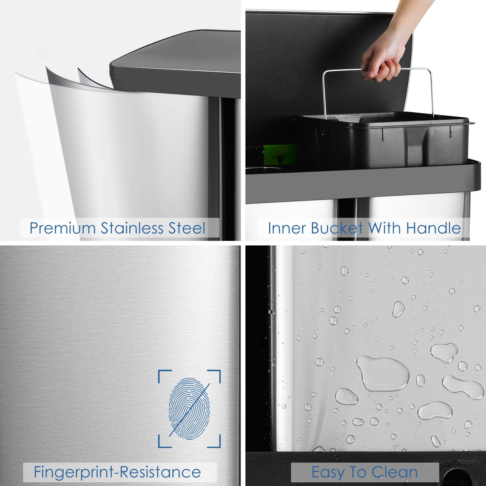 TLSUNNY 16 Gallon Dual Compartments Step Trash Can, Stainless Steel Kitchen Garbage Can Classified Recycling Bin, for Home, Office