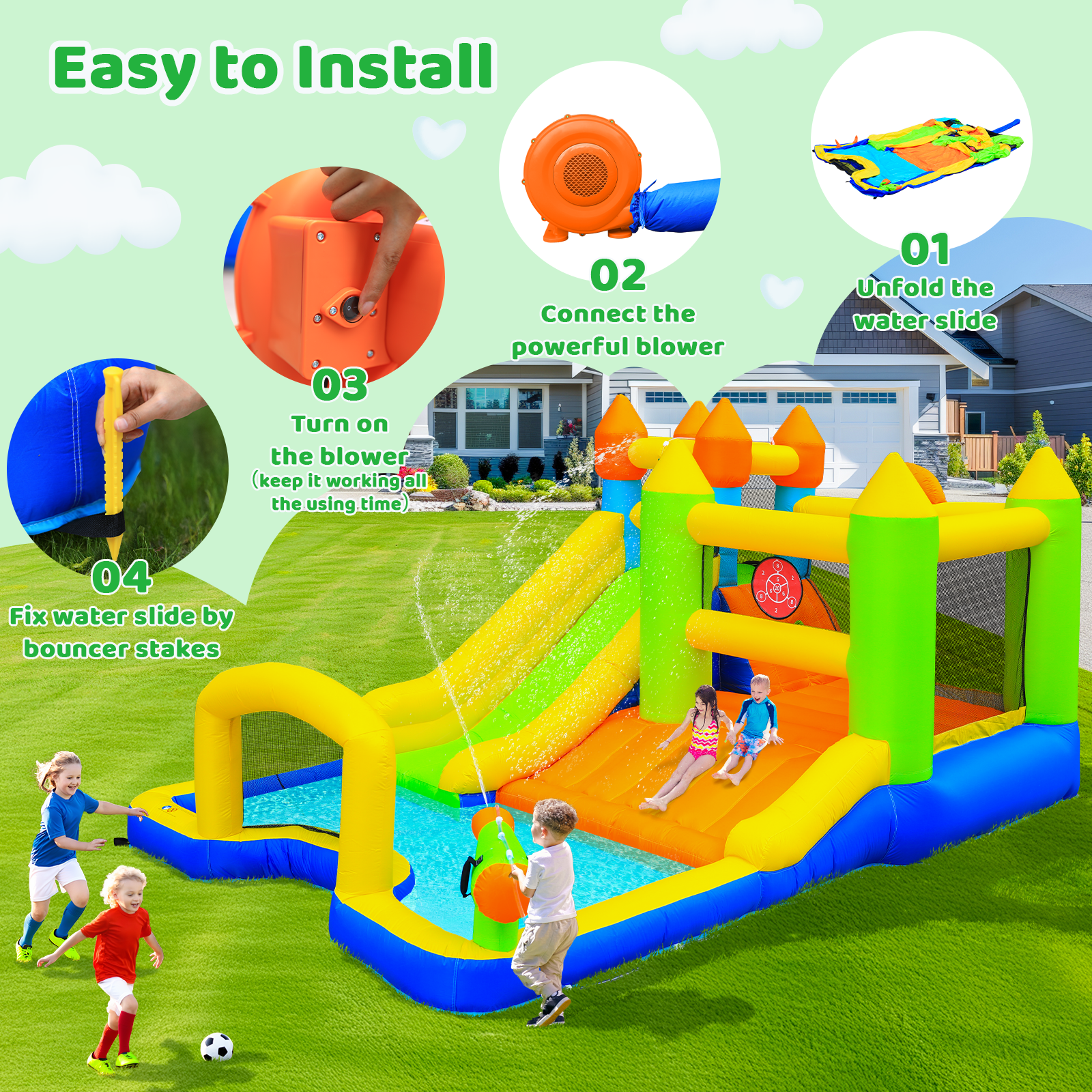 TLSUNNY Bounce House with Slide, 9 in 1 Inflatable Water Slides for Kids Backyard, w/Climbing Wall, Splash Pool, Soccer Goal, Water Cannon, Bouncy Castle w/Air Blower