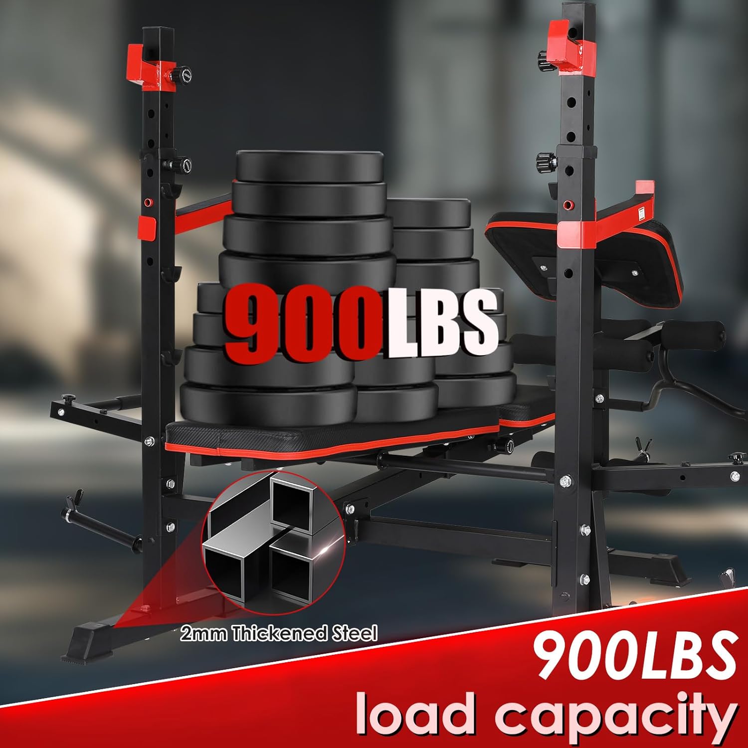 TLSUNNY 900LBS Adjustable Weight Bench Set, w/ Barbell Rack, Leg Extension & Preacher Curl, Strength Training Equipment, for Home Gym Workouts