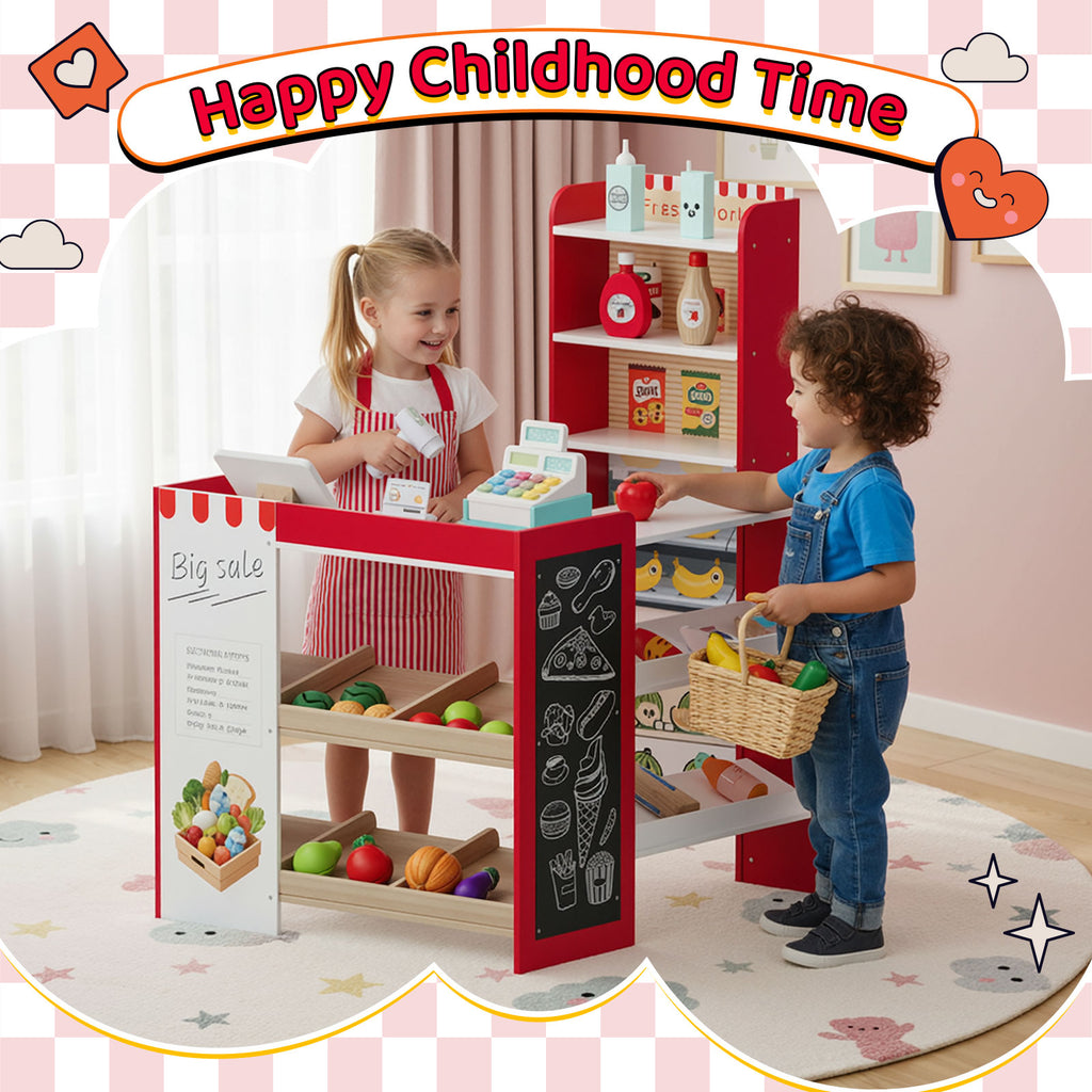 TLSUNNY Kids Pretend Play Grocery Store Playset, Wooden Supermarket Toy Set, Toddler Market Checkout Stand w/ Chalkboard, Cash Register, Shelves, Play Food Accessories