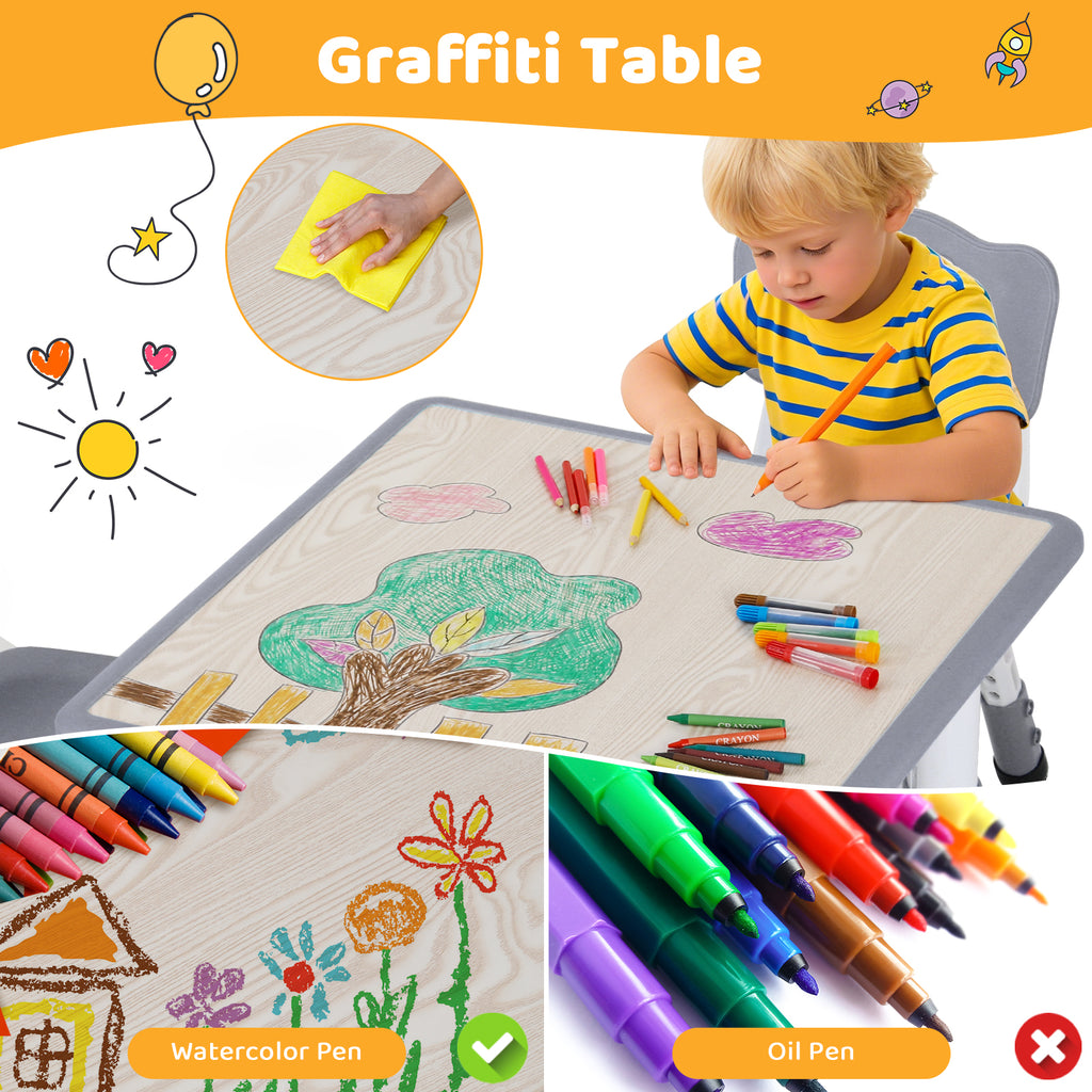 TLSUNNY Kids Table and 2 Chairs Set, Height Adjustable Toddler Play Activity Table Set with Graffiti Desktop, for Playroom, Daycare
