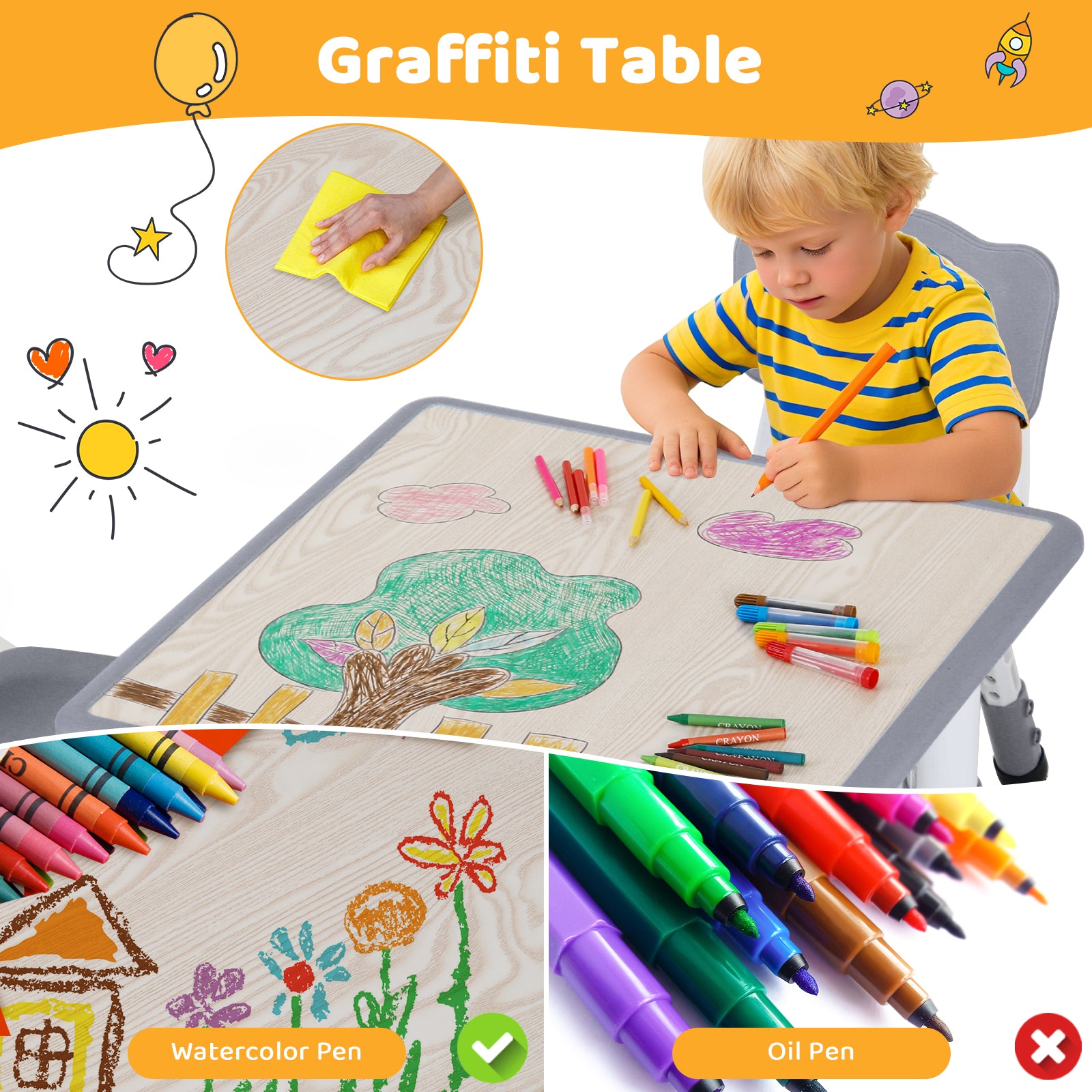 TLSUNNY Kids Table and 2 Chairs Set, Height Adjustable Toddler Play Activity Table Set with Graffiti Desktop, for Playroom, Daycare