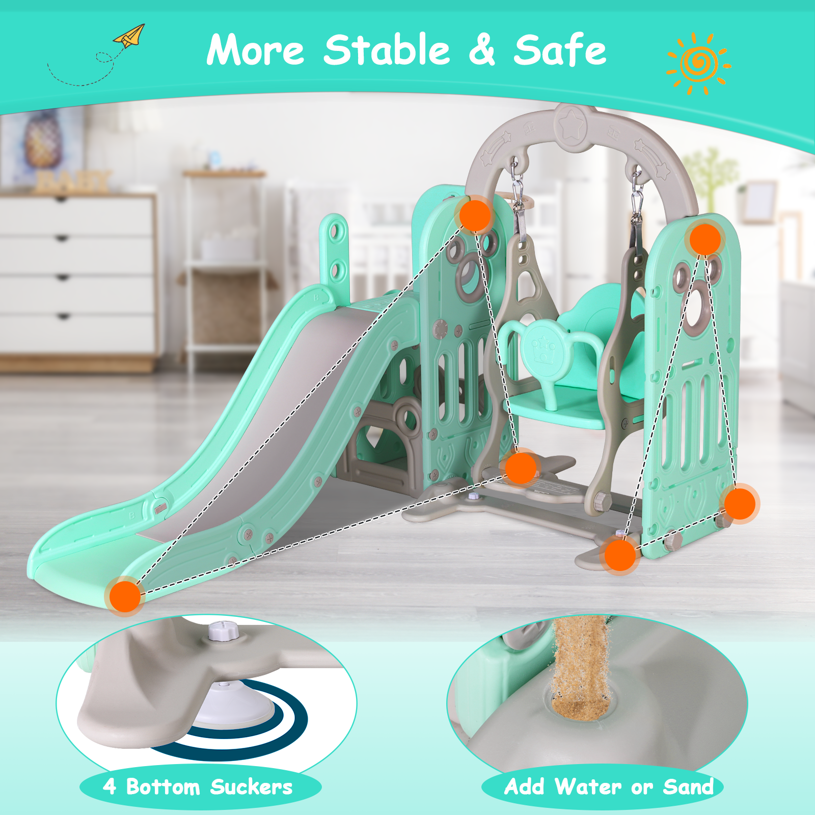 TLSUNNY 5-in-1 Kids Slide and Swing Set, Toddlers Slide & Climber with Basketball Hoop and Storage, for Indoor, Outdoor, Playground,Backyard