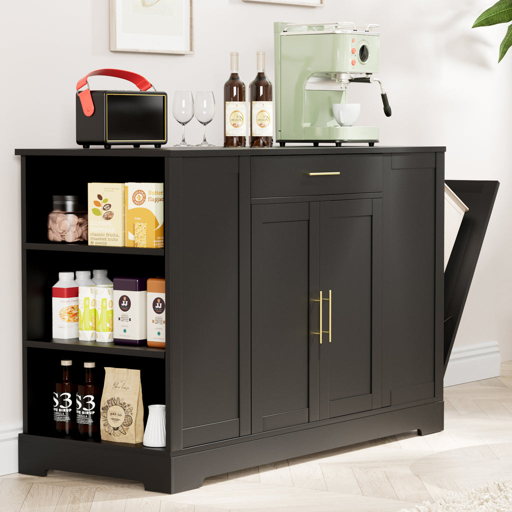 TLSUNNY 53" Kitchen Island w/ 13 Gal Trash Can Storage Cabinet, Portable Kitchen Island, Open Side Shelves and Drawer