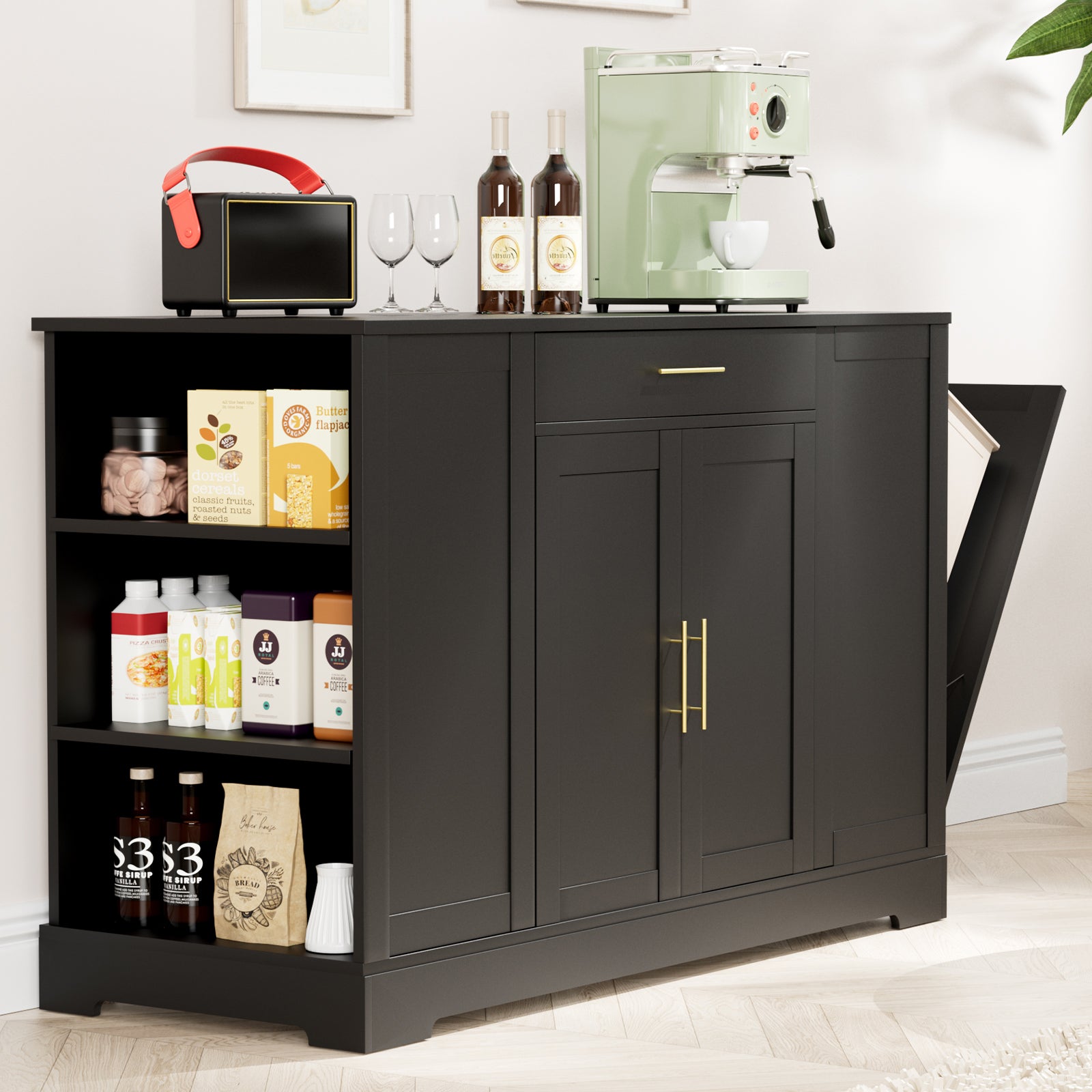 TLSUNNY 53" Kitchen Island w/ 13 Gal Trash Can Storage Cabinet, Portable Kitchen Island, Open Side Shelves and Drawer