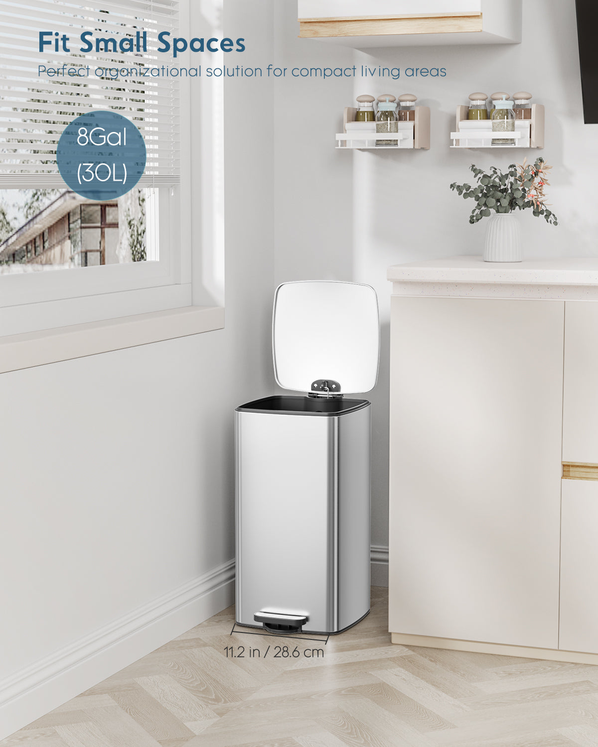 TLSUNNY 8 Gal/30L Square Trash Can, Fingerprint-Proof Stainless Steel Step Garbage Bin, Soft-Close Lid & Removable Bucket for Kitchen, Office, Home