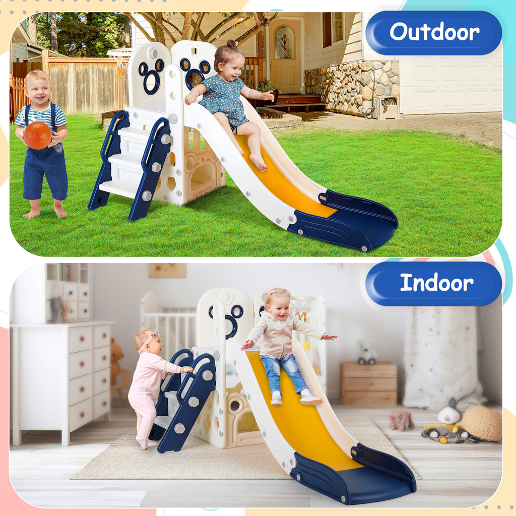 TLSUNNY Toddler Slide Playset, Stair Slides for Kids with Basketball Hoop, Non-Slip Steps & Storage Space, for Backyard, Nursey, Playgroud