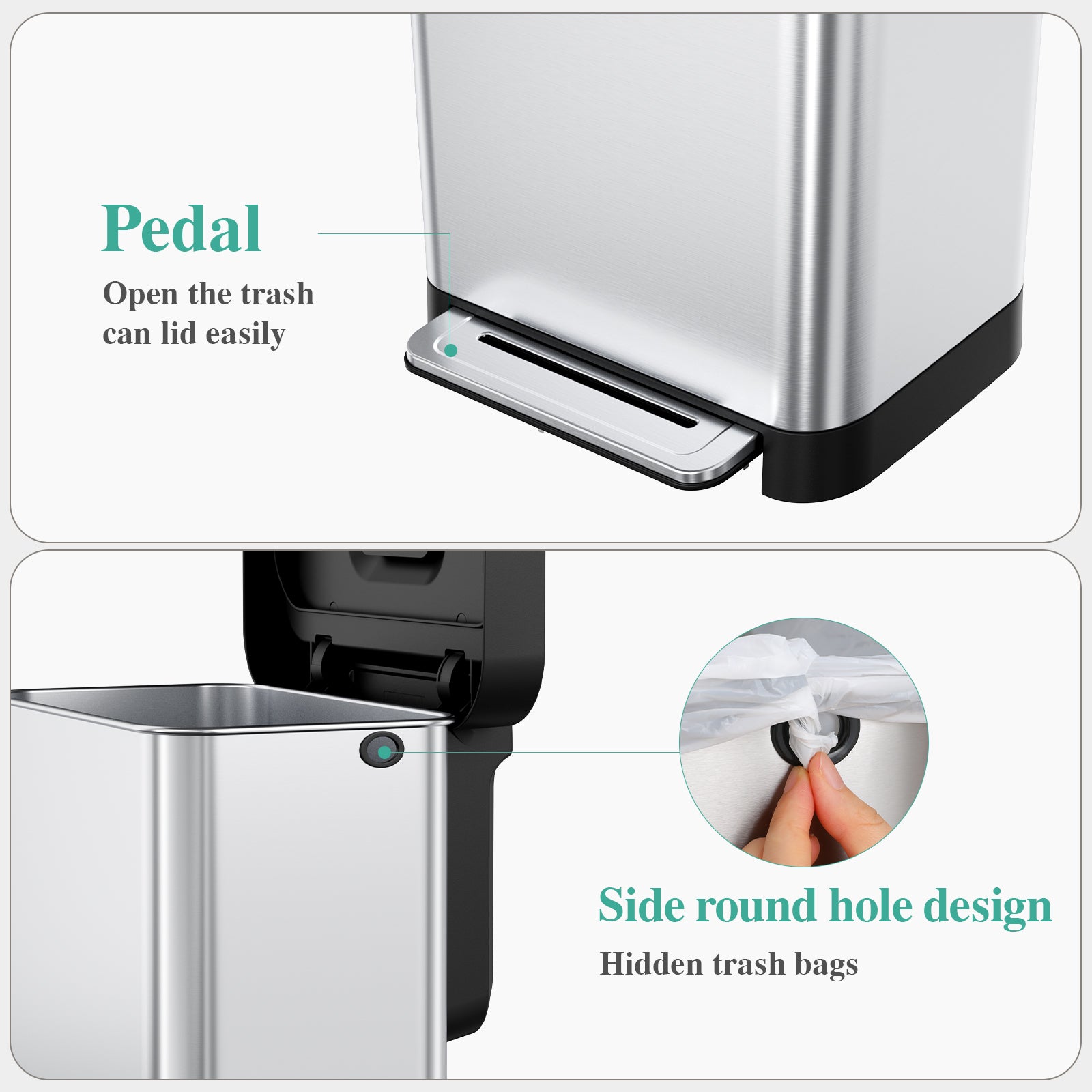 TLSUNNY 13.2 Gal Stainless Steel Trash Can, with 15 Trash Bags & Odor Control, Step-on Pedal Bin with Soft-Close Lid, No Inner Bucket, for Kitchen/Office