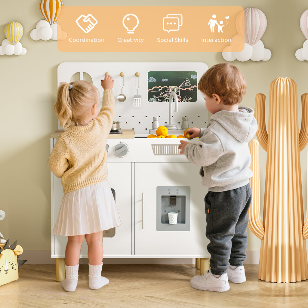TLSUNNY Kids Play Kitchen Set, w/ Realistic Lights & Knob Sounds, Wooden Play Kitchen with Water Dispenser & Chalkboard for Age 3+