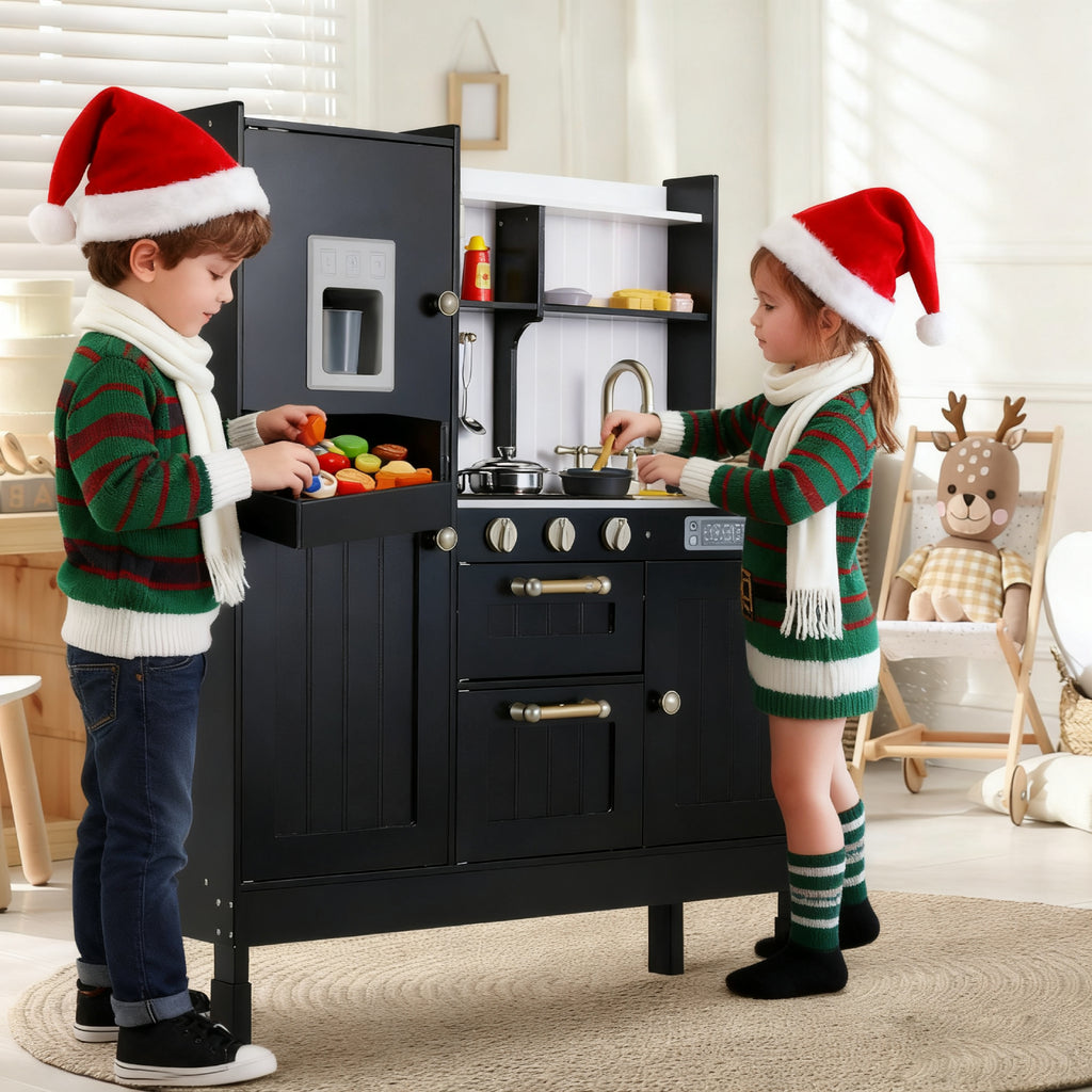 TLSUNNY Kids Play Kitchen, Wooden Kitchen Playset w/ Realistic Light & Sound and Cooking Accessories