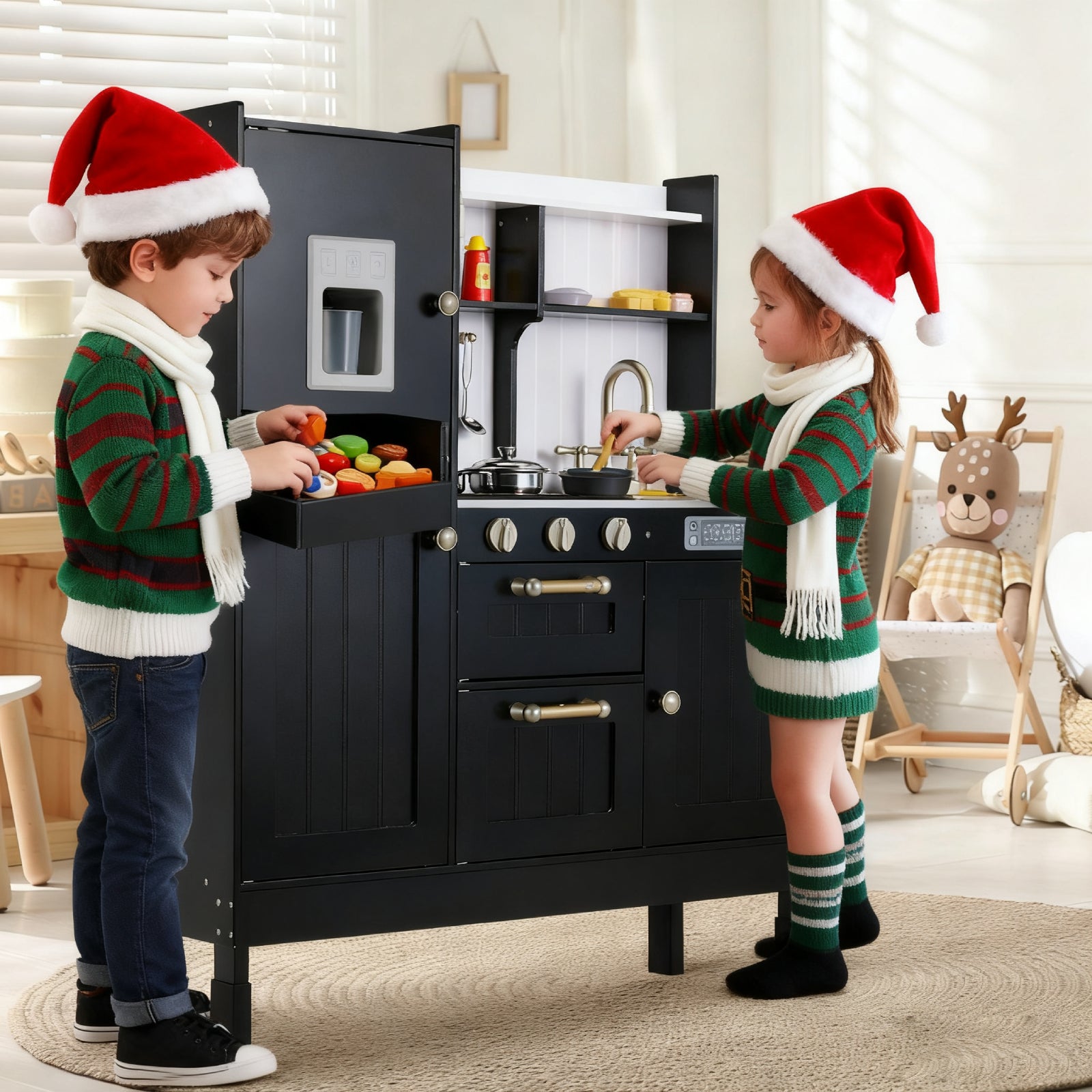 TLSUNNY Kids Play Kitchen, Wooden Kitchen Playset w/ Realistic Light & Sound and Cooking Accessories