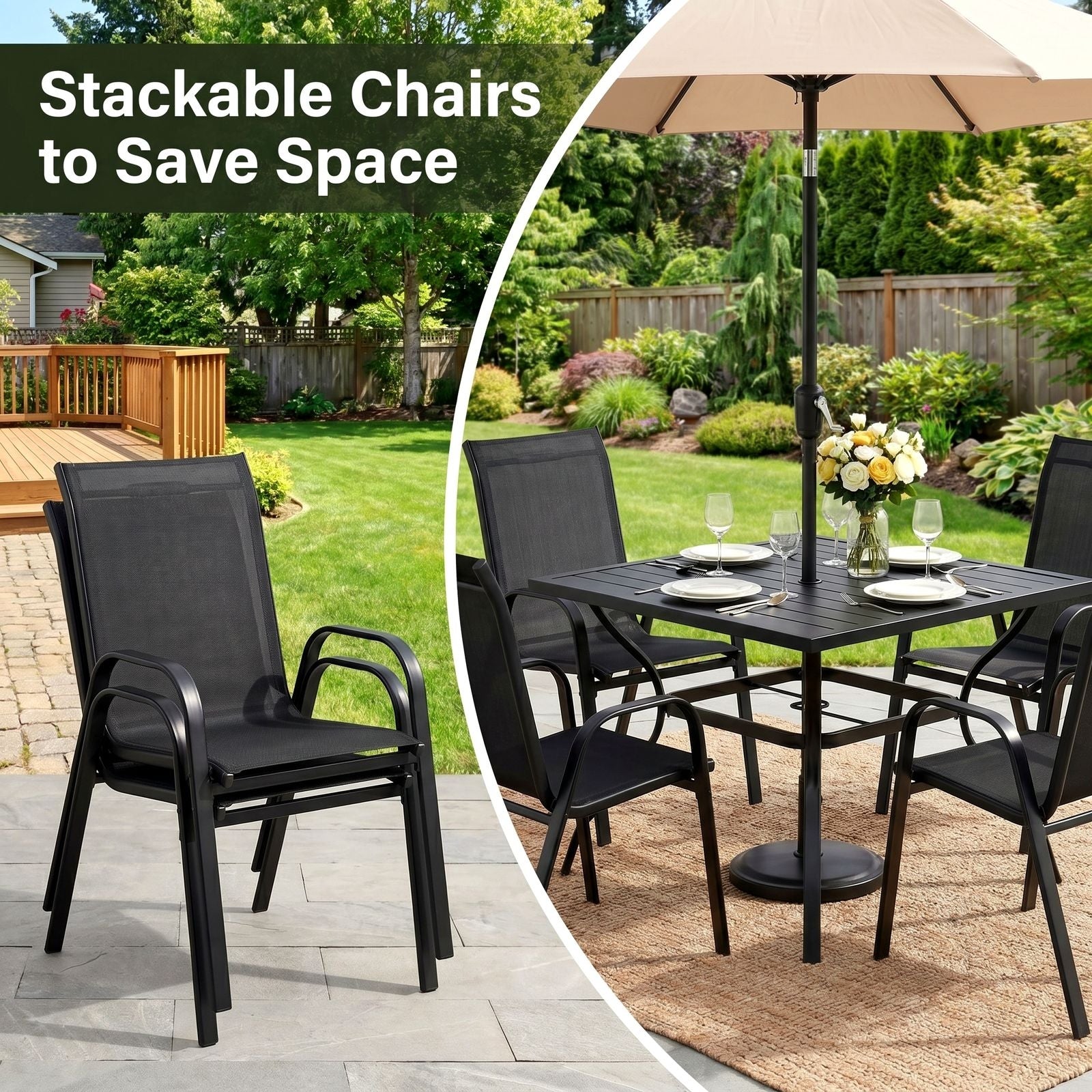 TLSUNNY 5-Piece Outdoor Patio Dining Set, W/ Metal Iron Square Table & Textilene Chairs for 4-Person