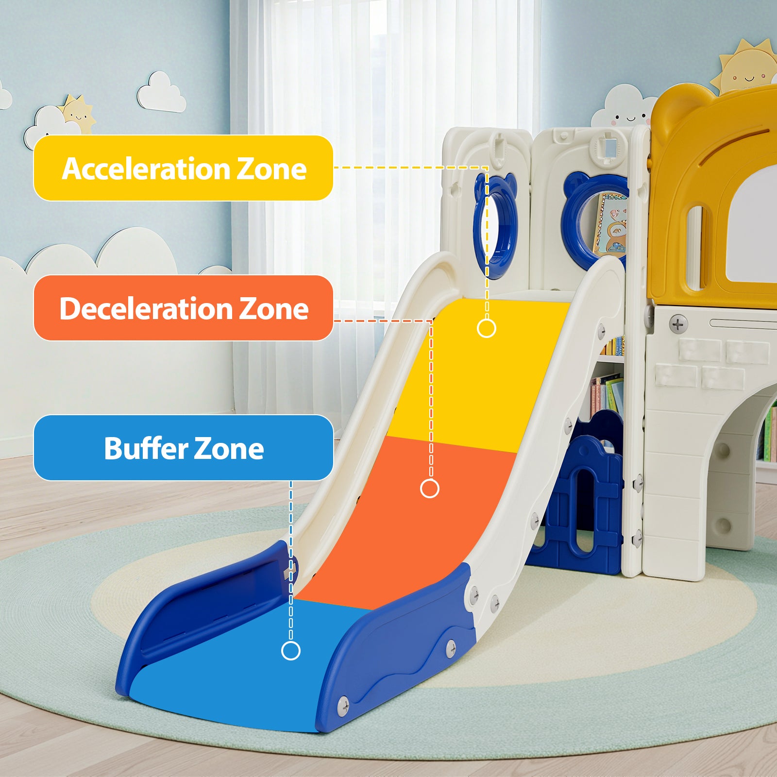 TLSUNNY 10-in-1 Kids Slide & Climber Set, with Basketball Hoop, Telescope, Drawing Board, Tunnel, Indoor Outdoor Toddler Playset