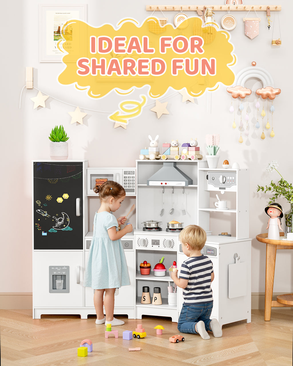 TLSUNNY Toddler Wooden Play Kitchen, with Chalk Board, Washer Dryer, Stove Sound & Range Hood, Cookware for Kids Ages 3+