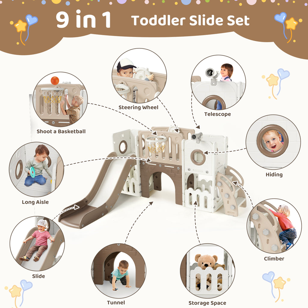 TLSUNNY 9-in-1 Kids Slide & Climber Set, with Basketball Hoop, Telescope & Tunnel, Indoor Outdoor Toddler Playset