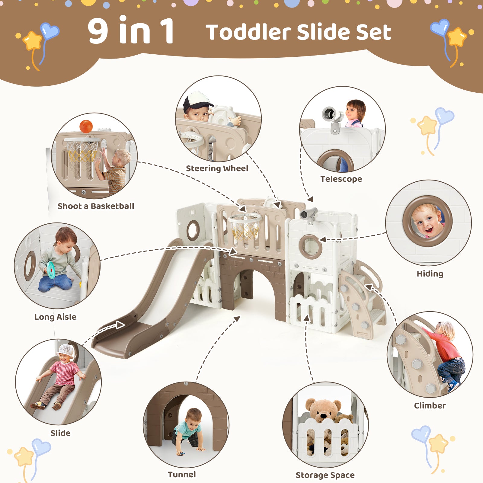 TLSUNNY 9-in-1 Kids Slide & Climber Set, with Basketball Hoop, Telescope & Tunnel, Indoor Outdoor Toddler Playset