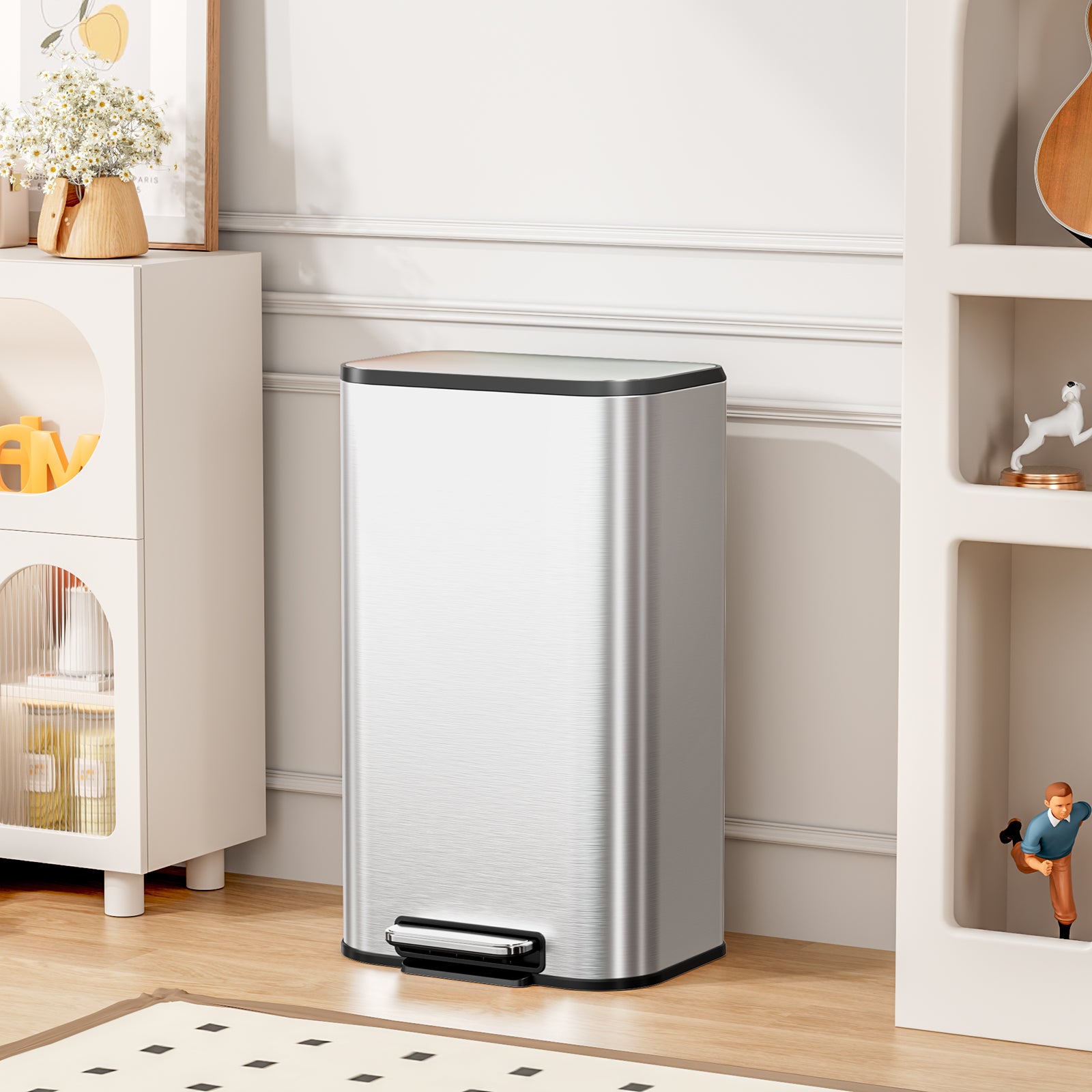 TLSUNNY 30/50L Square Step-On Trash Can, 8/13.2 Gal Fingerprint-Proof Stainless Steel Garbage Bin for Kitchen/Office