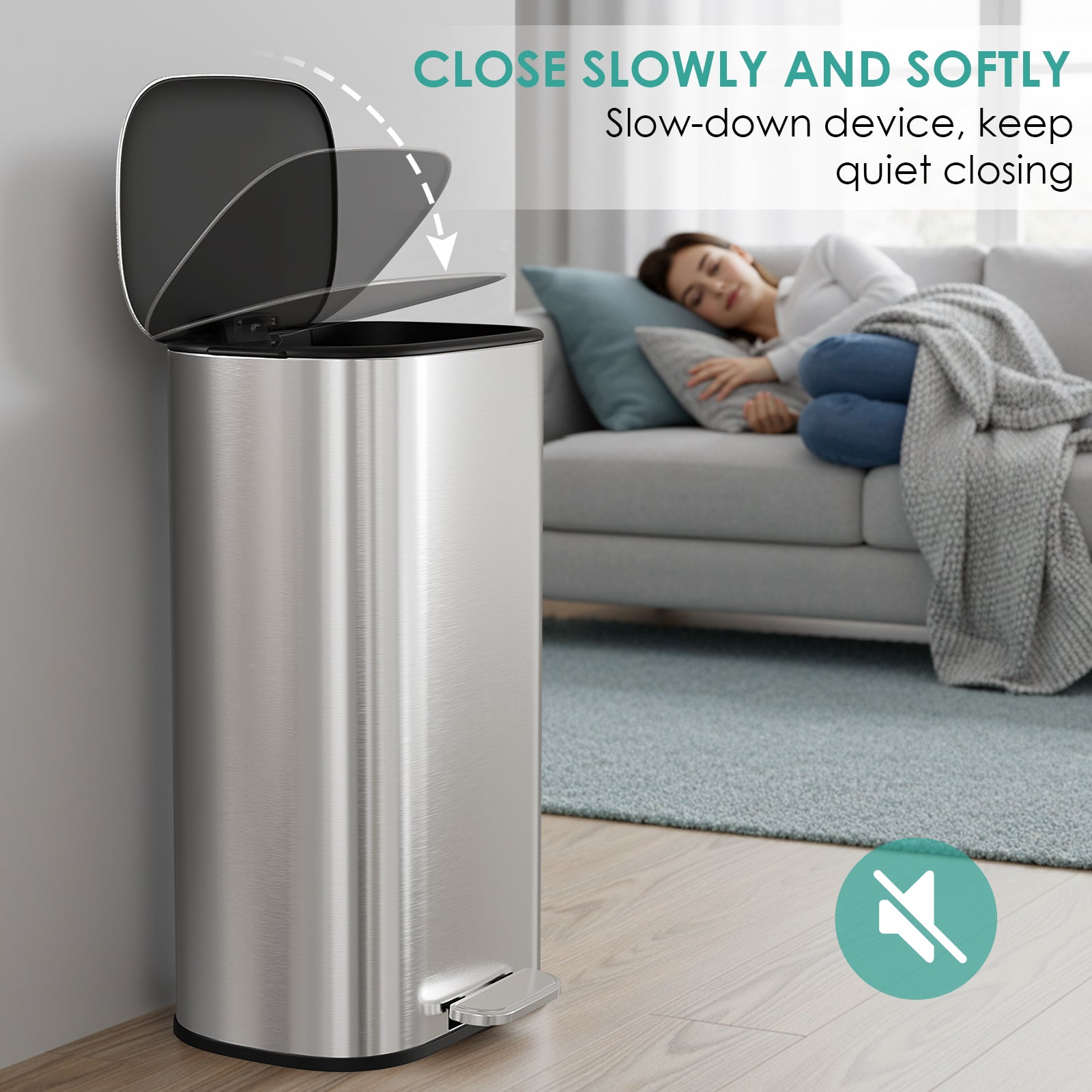 TLSUNNY 30L Step-On Oval Trash Can, 8 Gal Brushed Stainless Steel Garbage Bin with Slow-Close Lid & Handle for Kitchen/Bathroom