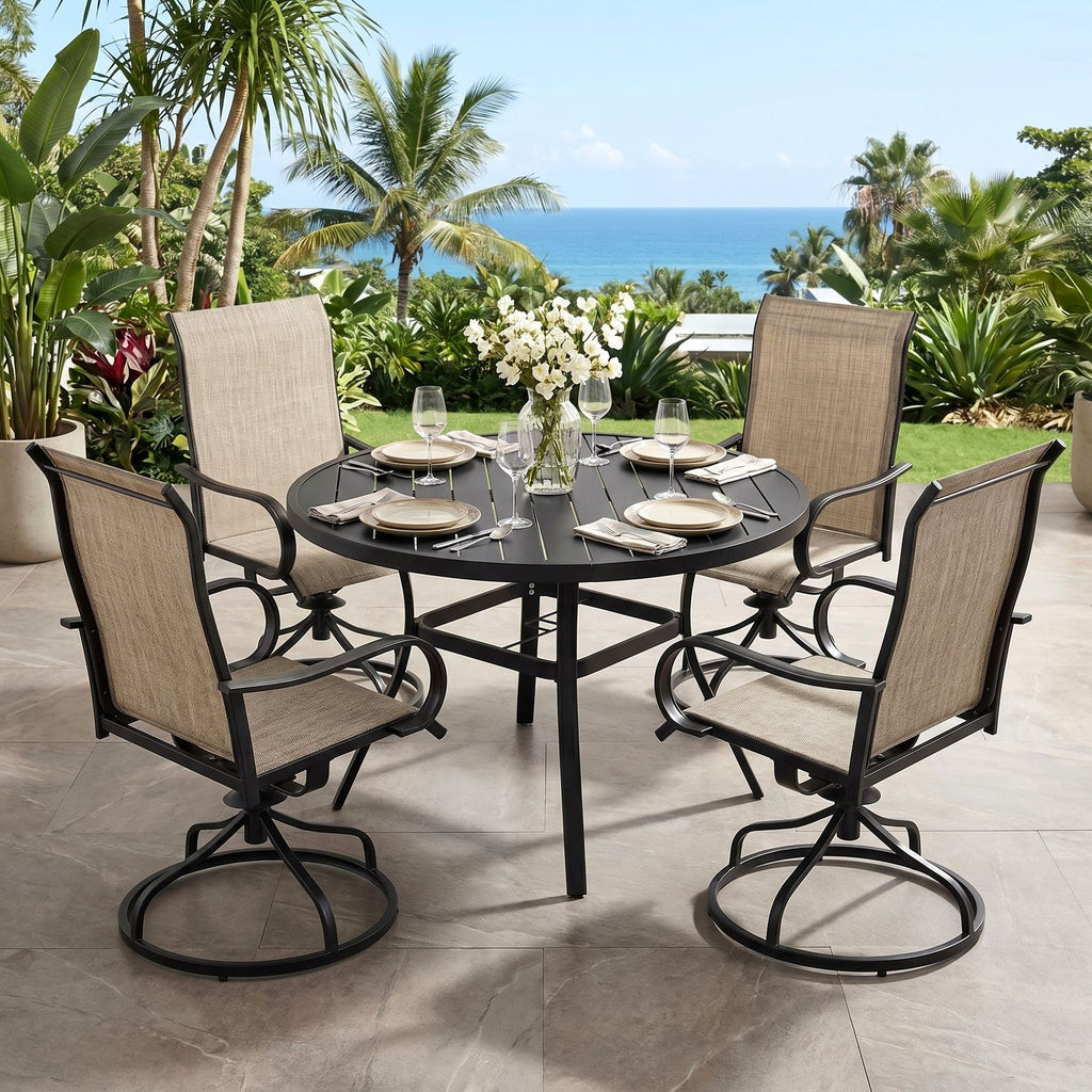 TLSUNNY Outdoor Dining Set, Patio Metal Table and Swivel Chairs Set, W/ Umbrella Hole & Foot Pads, Outdoor Furniture for Backyard, Porch, Garden