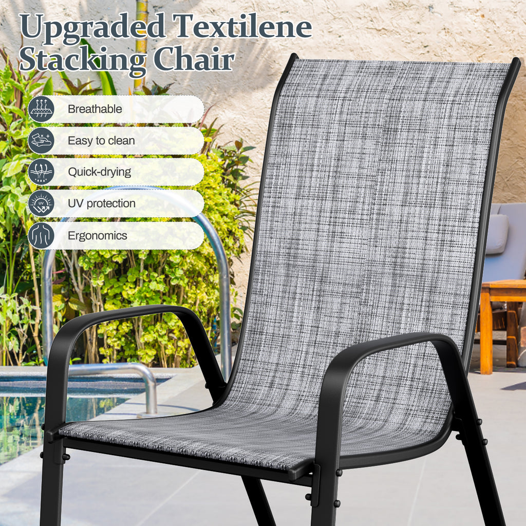 TLSUNNY Patio Table and 6 Chairs Set, Outdoor Furniture Set of 7, Widened Table w/ Umbrella Hole, Stackable Textilene Chairs, for Backyard, Porch, Garden