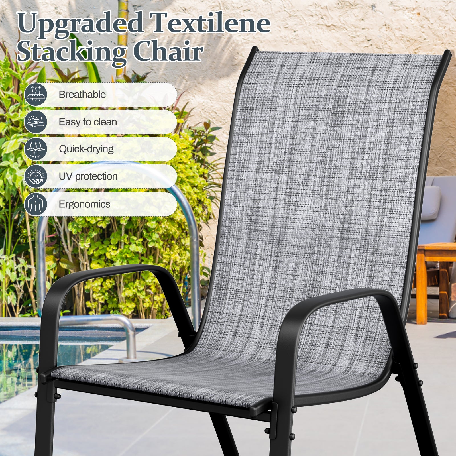 TLSUNNY Patio Table and 6 Chairs Set, Outdoor Furniture Set of 7, Widened Table w/ Umbrella Hole, Stackable Textilene Chairs, for Backyard, Porch, Garden