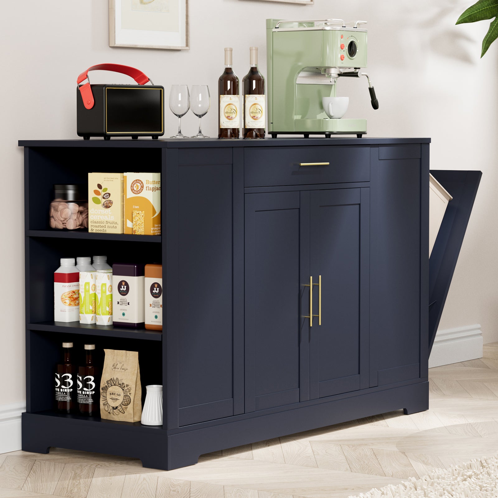 TLSUNNY 53" Kitchen Island w/ 13 Gal Trash Can Storage Cabinet, Portable Kitchen Island, Open Side Shelves and Drawer