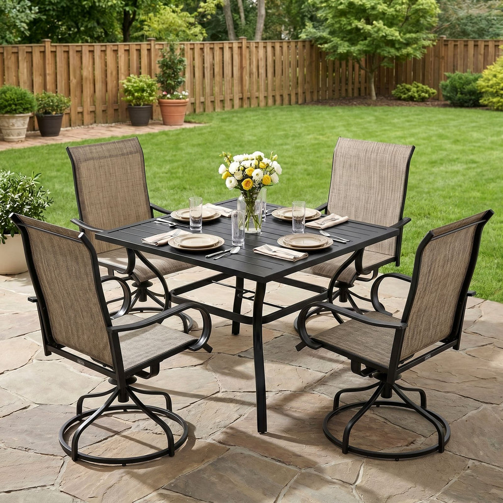 TLSUNNY Outdoor Dining Set, Patio Metal Table and Swivel Chairs Set, W/ Umbrella Hole & Foot Pads, Outdoor Furniture for Backyard, Porch, Garden