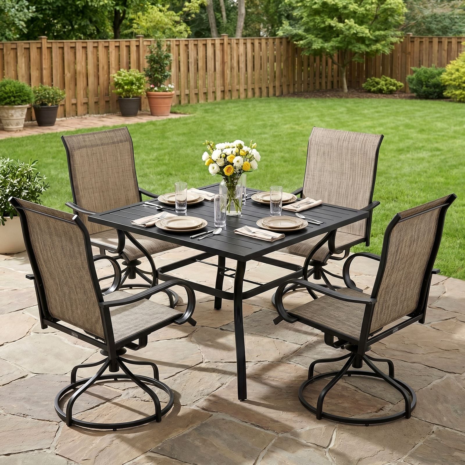 TLSUNNY Outdoor Dining Set, Patio Metal Table and Swivel Chairs Set, W/ Umbrella Hole & Foot Pads, Outdoor Furniture for Backyard, Porch, Garden