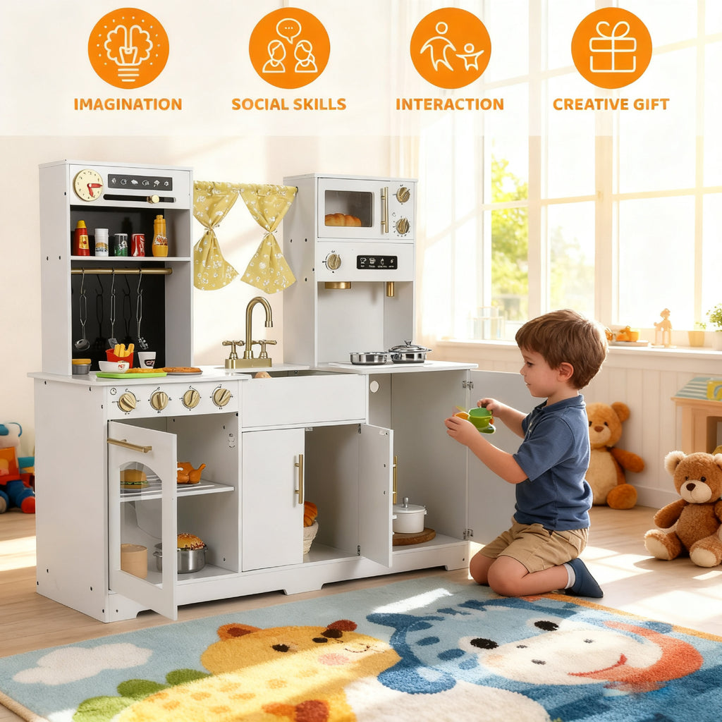 TLSUNNY Kids Play Kitchen with Realistic Lights & Sounds, Wooden Toy Pretend Play Kitchen Set w/ Sink, Faucet, Microwave, Curtain for Ages 3+