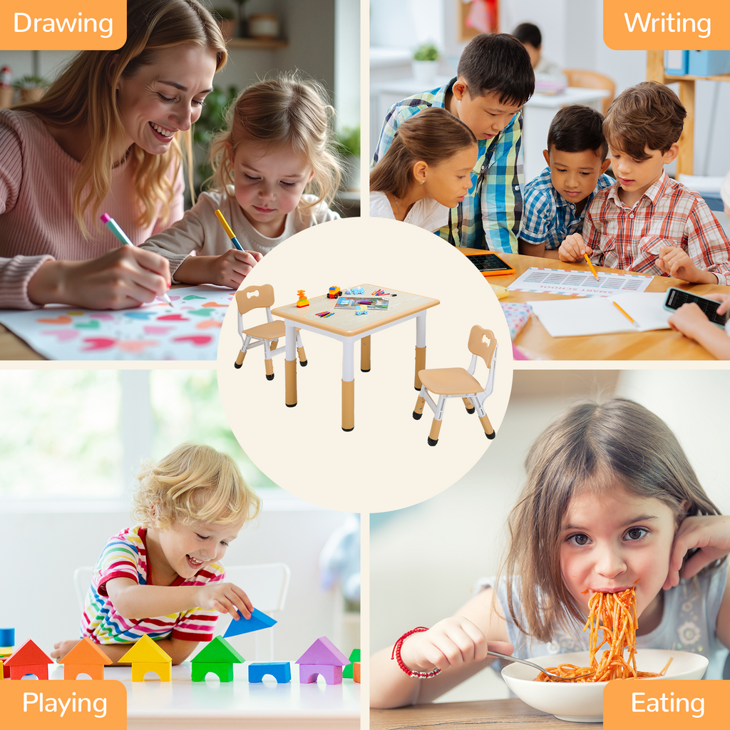 TLSUNNY Kids Table and 2 Chairs Set, Height Adjustable, Toddler Activity Table with Graffiti Desktop, for Daycare, Classroom & Home