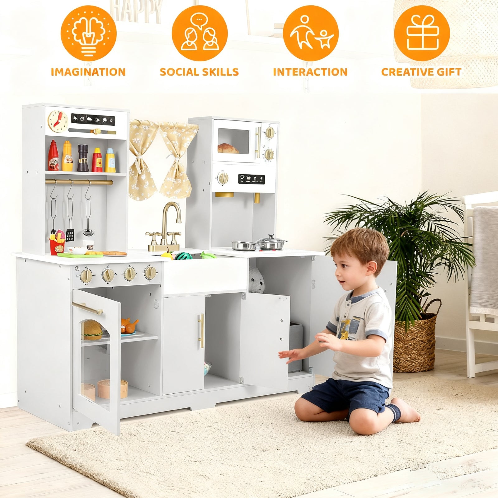 TLSUNNY Kids Play Kitchen with Realistic Lights & Sounds, Wooden Toy Pretend Play Kitchen Set w/ Sink, Faucet, Microwave, Curtain for Ages 3+