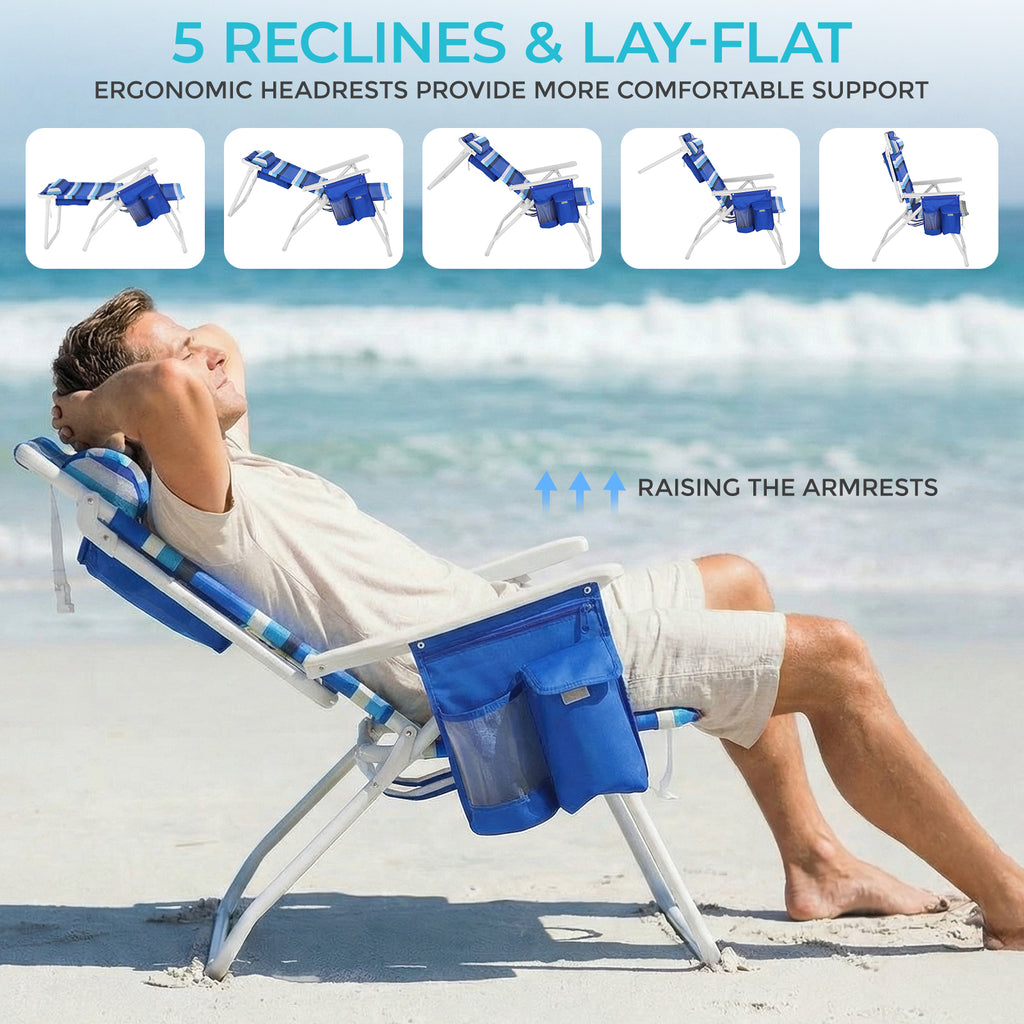 TLSUNNY Backpack Beach Chair Set of 1/2, Outdoor 5-Level Adjustable Folding Chair, w/ Cup Holder, Headrest, Storage Bag, Cooler Pouch, for Camping