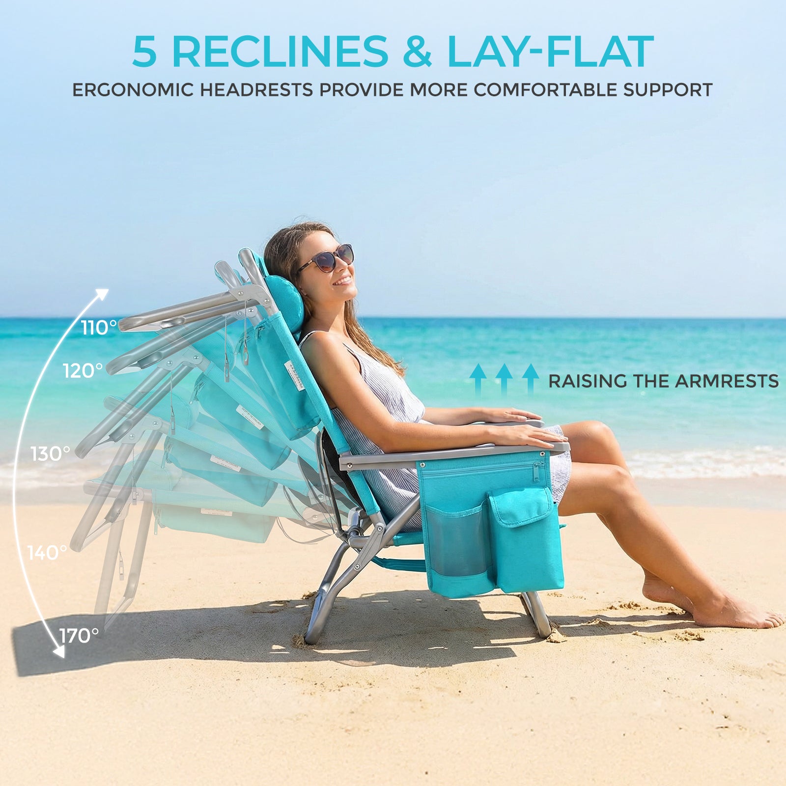 TLSUNNY Backpack Beach Chair Set of 1/2, Outdoor 5-Level Adjustable Folding Chair, w/ Cup Holder, Headrest, Storage Bag, Cooler Pouch, for Camping