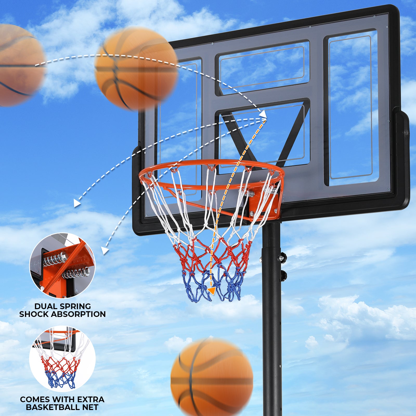 TLSUNNY 4.4-10ft Adjustable Height Portable Basketball Hoop Outdoor, Basketball Goal System w/44in Shatterproof Backboard, 2 Wheels for Kids/Teens/Adults