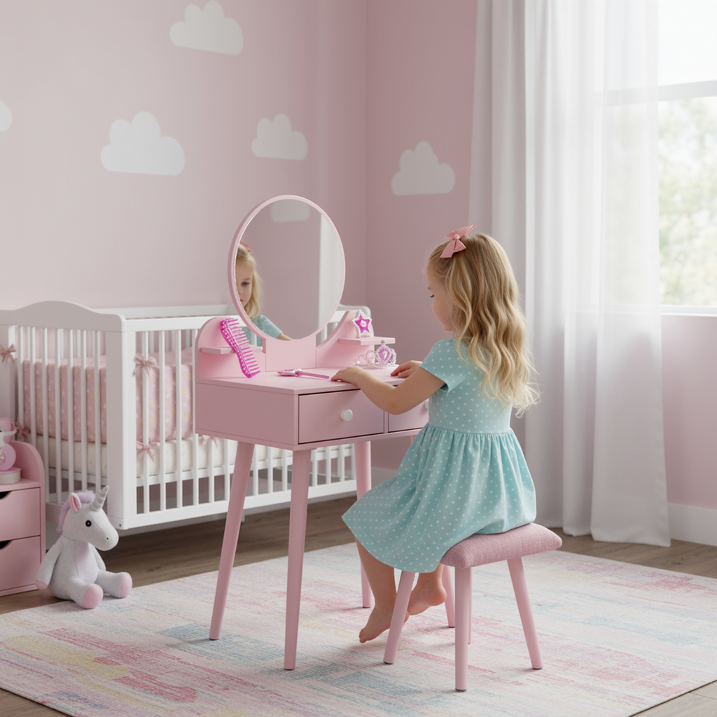 TLSUNNY Kids Princess Vanity Set, Toddlers Wooden Makeup Table & Stool with Drawer, Mirror, Detachable Top, for Little Girls