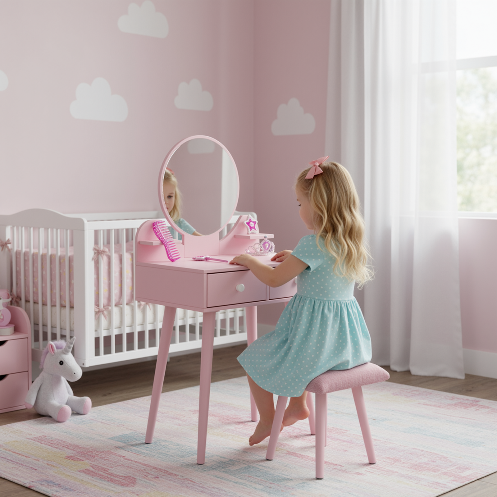 TLSUNNY Kids Princess Vanity Set, Toddlers Wooden Makeup Table & Stool with Drawer, Mirror, Detachable Top, for Little Girls