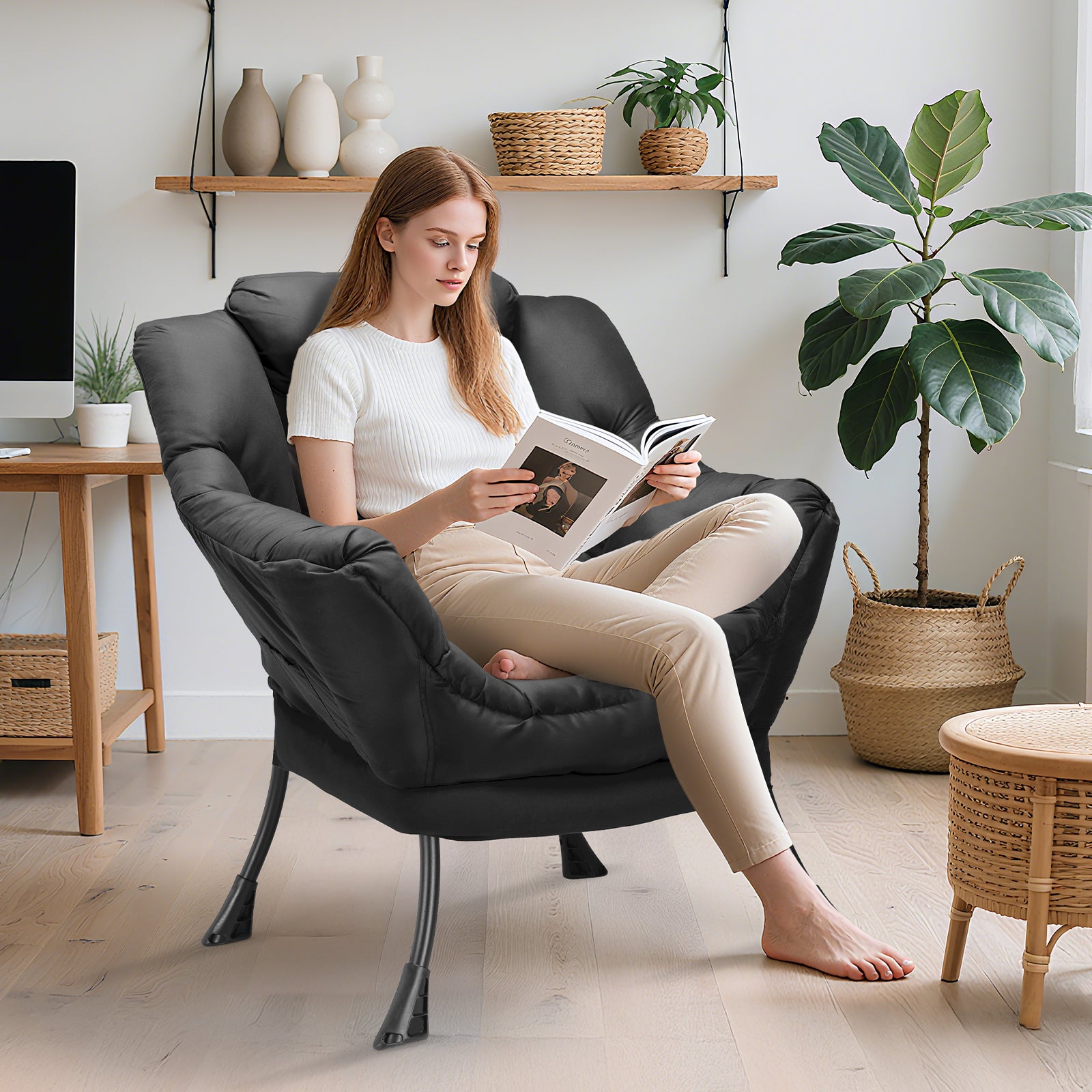 TLSUNNY Lazy Chair/ with Foldable Ottoman, Modern Lounge Reading Chair with Side Pocket, Upholstered Armchair for Living Room, Bedroom and Dorm