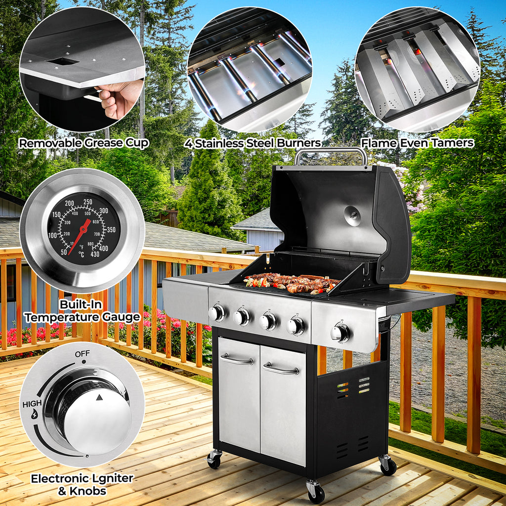 TLSUNNY 40000 BTU 4-Burner Propane Gas Grill, with 12,000 BTU Side Burner, Stainless Steel BBQ for Outdoor Patio & Backyard Cooking