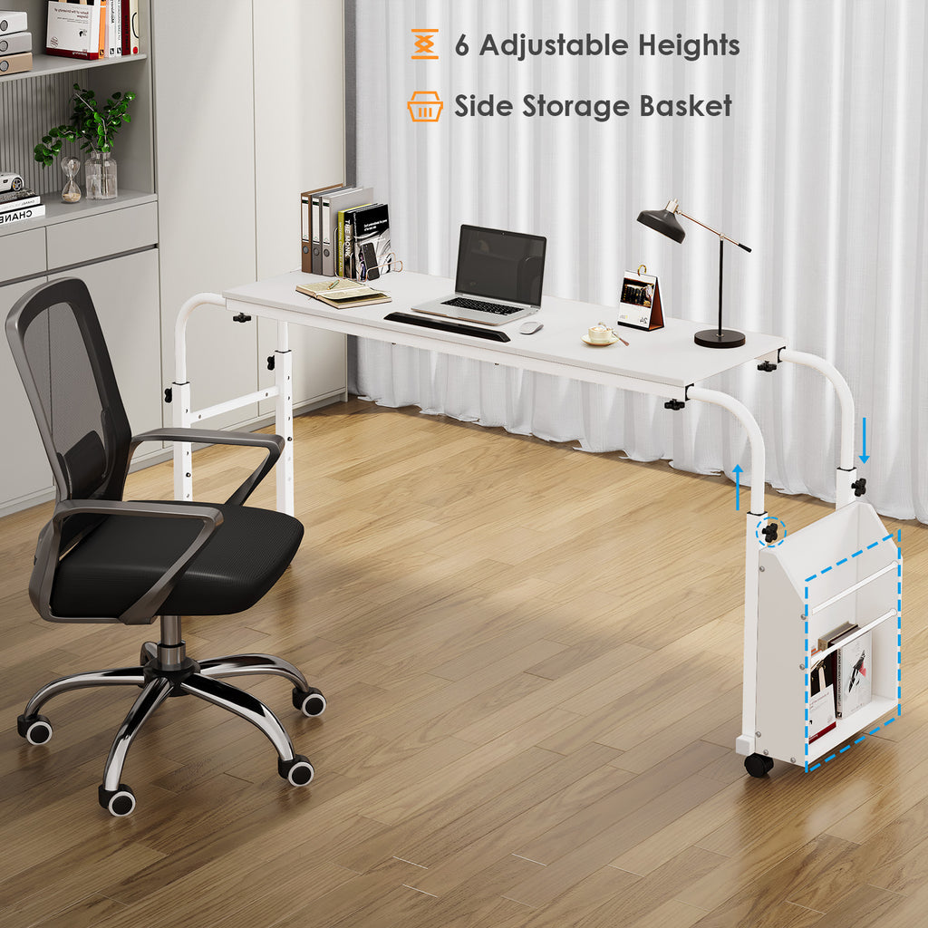 TLSUNNY Adjustable Overbed Table with Wheels, Height & Length Adjustable Laptop Cart w/ Tilt Stand, Side Storage Basket for King/Queen Beds