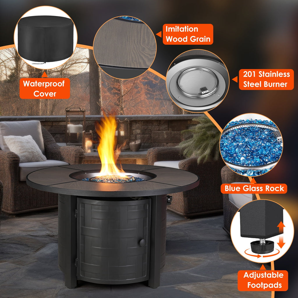 TLSUNNY 42‘’ Round Propane Fire Pit Table, 50,000 BTU Steel Firepit with Metal Lid, Waterproof Cover, Auto-Ignition, for Patio/Backyard