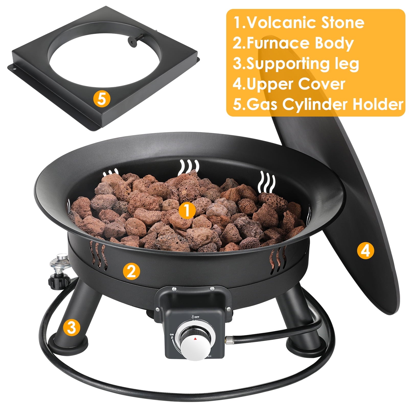 TLSUNNY 24'' Portable Propane Fire Pit, 58,000 BTU Smokeless Firebowl, w/ Cover & Lava Rocks, for Patio, Outdoor