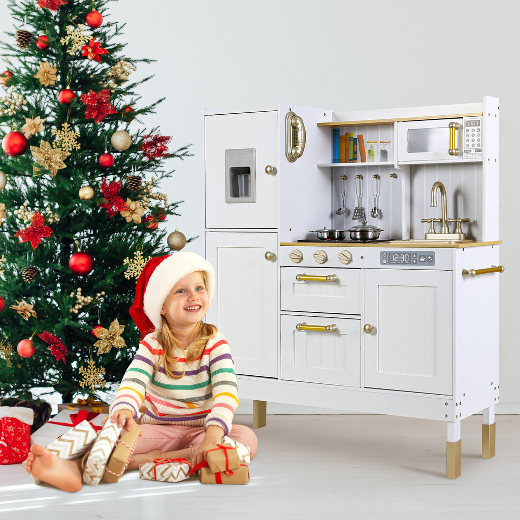 TLSUNNY Kids Play Kitchen, Wooden Kitchen Playset w/ Realistic Light & Sound and Cooking Accessories