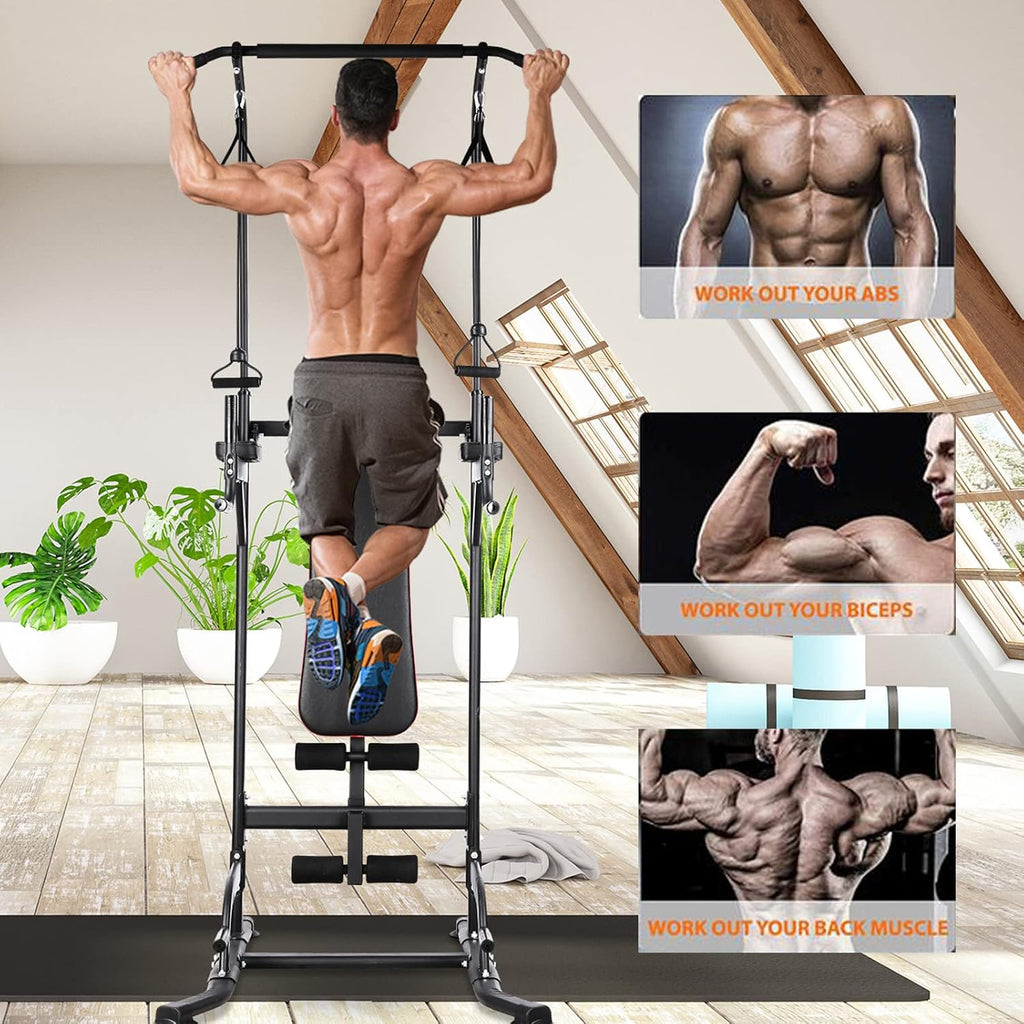 TLSUNNY Power Tower with Bench, Pull Up Bar Stand, w/ Dual Resistance Bands, Adjustable Pull Up Dip Station for Home Gym Workouts, 400lbs