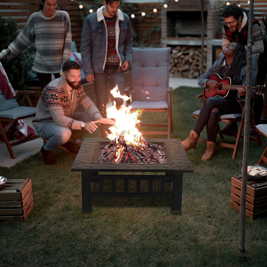 TLSUNNY 32'' Metal Fire Pits for Outside, Square Wood Burning Firepit Table, for Outdoor Patio Backyard Bonfire Party